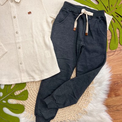 Conj. Camisa Manga Longa de Linho e Calça de Moletom - Areia e Chumbo